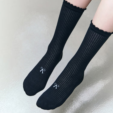 [Banana Sisters] BONNIE Ribbon Detail Ribbed Frill Long Socks