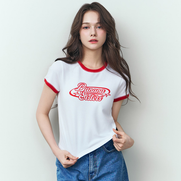 [Banana Sisters] COLOR BLOCK Ringer Cropped Short Sleeved T-shirt Red