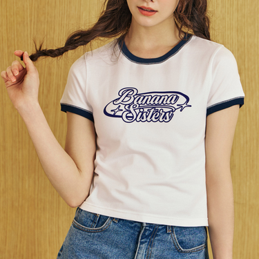 [Banana Sisters] COLOR BLOCK Ringer Cropped Short Sleeved T-shirt Navy